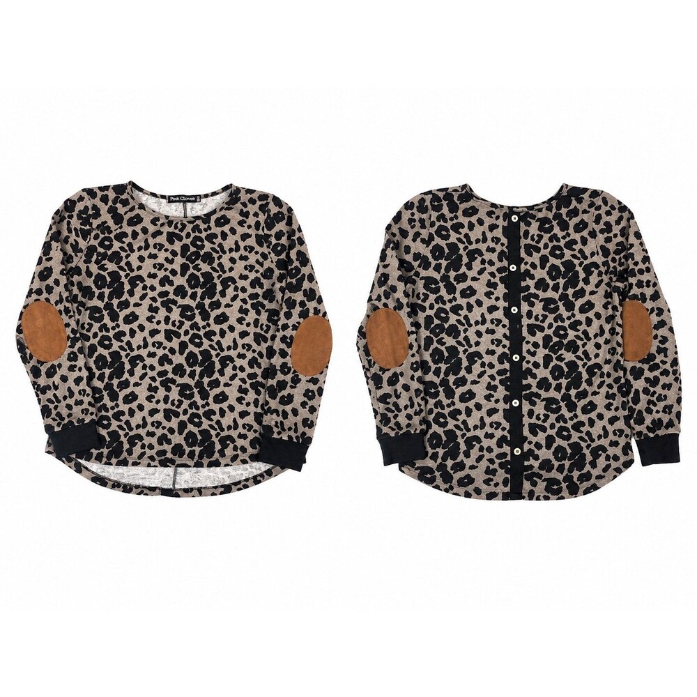 Pink Clover Leopard Print Long Sleeve Knit Top with Elbow Patches – L/XL